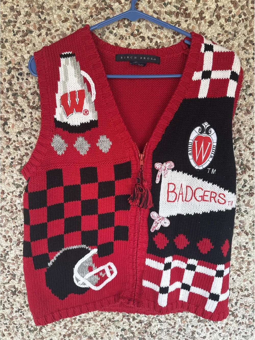 Vintage Birch Bros Wisconsin Badgers Knit Sweater Vest Zip Front Size L 90s